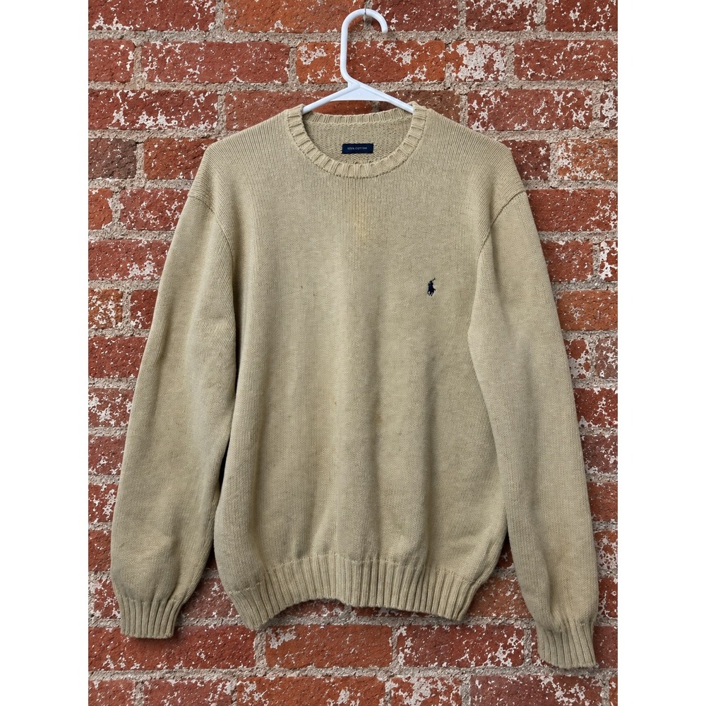 Polo Ralph Lauren Mens Beige Cotton Crewneck Sweater Preppy Old Money Fall